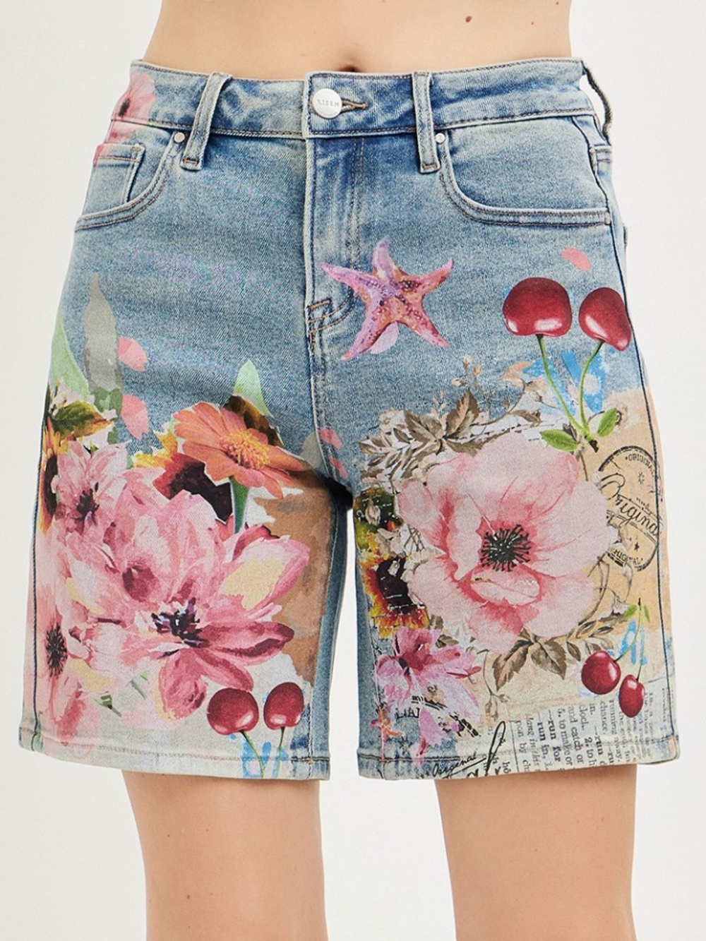 Floral Print Denim Jean Shorts - Pink Blue - Picture 3 of 5